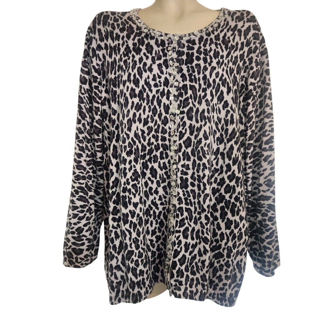 Quacker Factory Leopard Print Rhinestone Cardigan Sweater Grey Black 2X mobwife